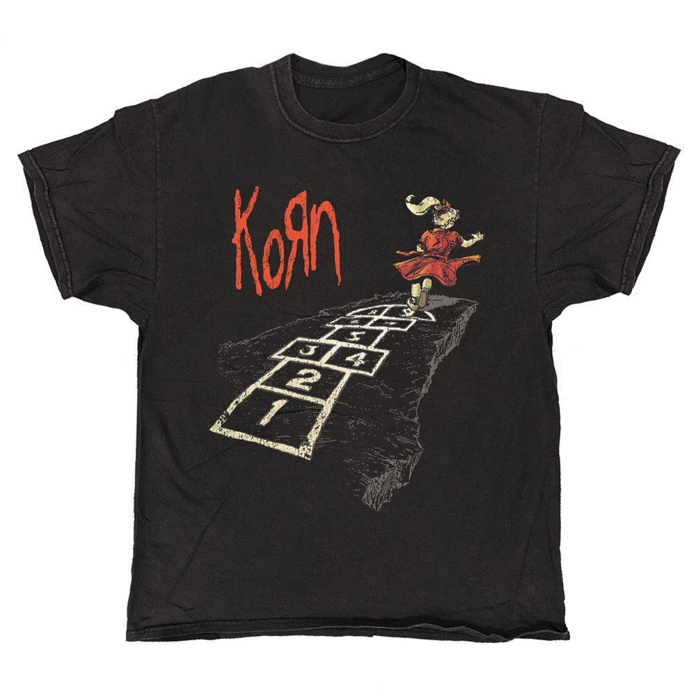 Show your love for Korn with the Korn Vintage Look T-Shirt in black, by Blue Dog Posters. This large tee features the band's red logo and a "Follow the Leader"-inspired hopscotch design—perfect for any fan!.