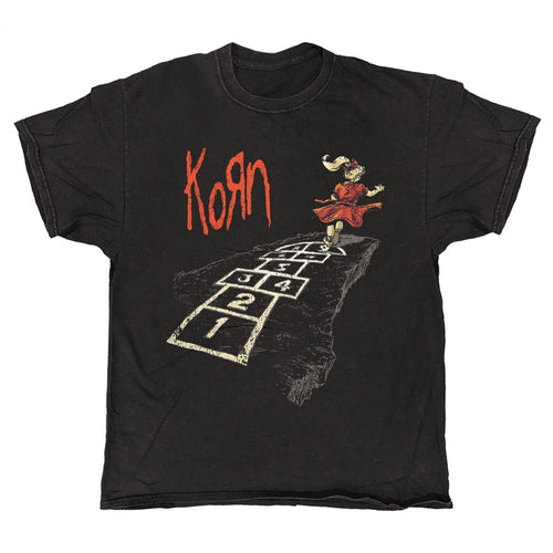 Show your love for Korn with the Korn Vintage Look T-Shirt in black, by Blue Dog Posters. This large tee features the band's red logo and a "Follow the Leader"-inspired hopscotch design—perfect for any fan!.
