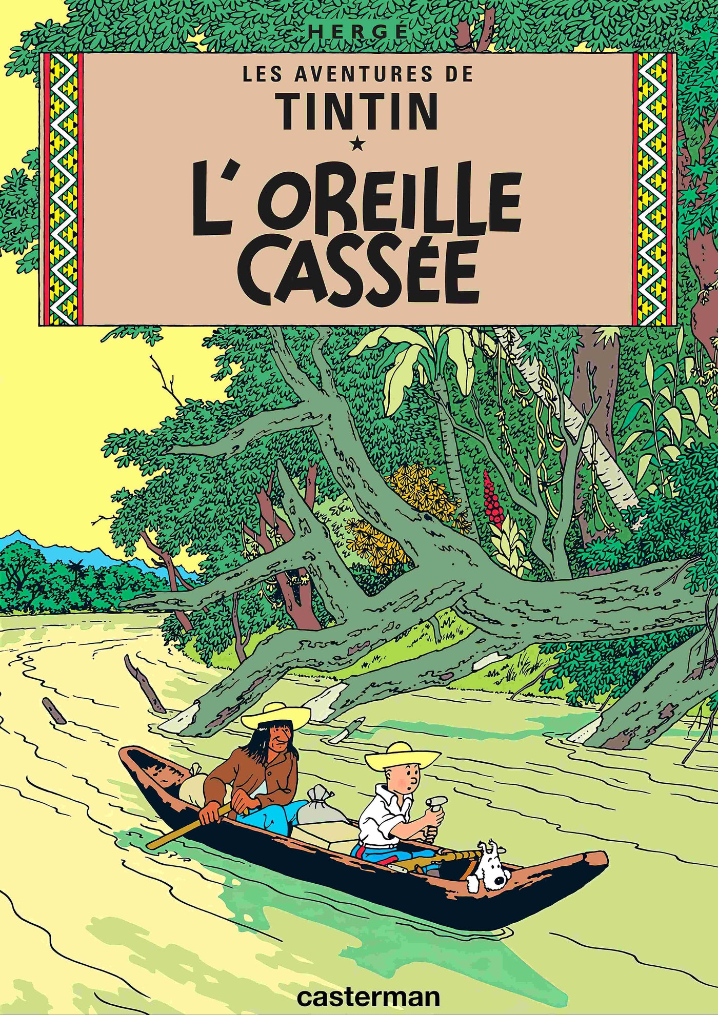Blue Dog Posters presents "Aventures de Tintin Loreille Cassee"—a stylish French comic cover featuring Tintin, Snowy, and a companion in a canoe on a jungle river, printed on 250gsm satin paper.