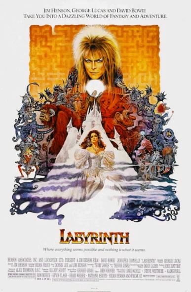 MTV 008’s "Labyrinth - David Bowie" poster showcases a wild-haired man, a girl in white, fantastical creatures, and a maze—an iconic addition to any Movies & TV Collection.
