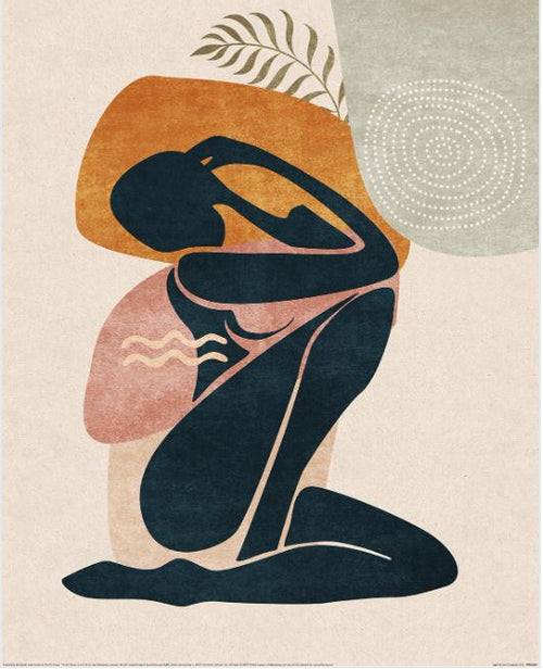 Emel Tunaboylu (Lady)" from the GAL224 brand features a dark blue stylized figure kneeling with hands on head, surrounded by pastel geometric shapes. A leaf motif and circular pattern adorn the background, part of the Decor Series Collection.