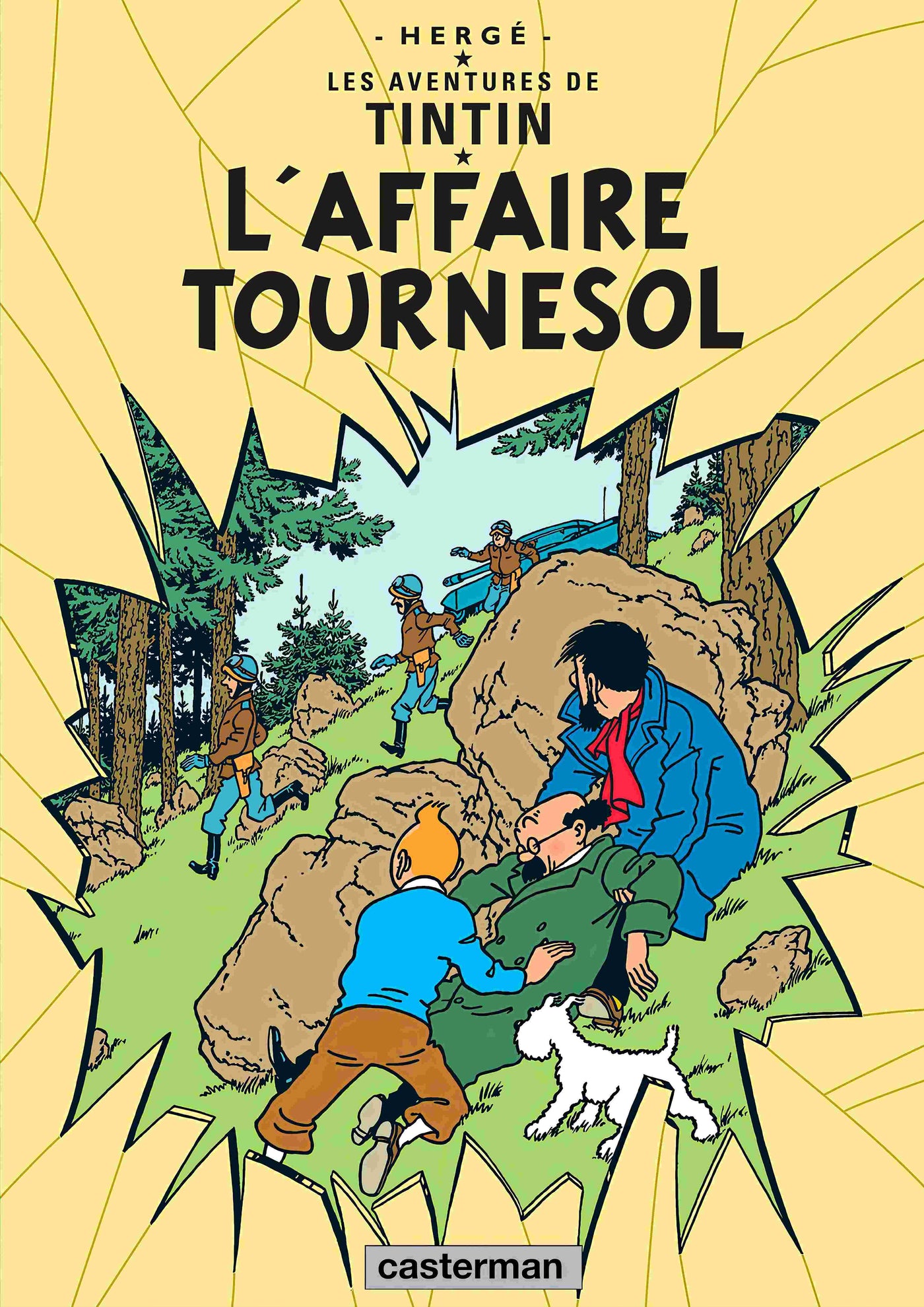 Blue Dog Posters’ “Aventures de Tintin Laffaire Tournesol” features Tintin, Haddock, and Snowy helping Professor Calculus in a forest as two armed men and a dog approach. Printed on premium 250gsm satin paper.