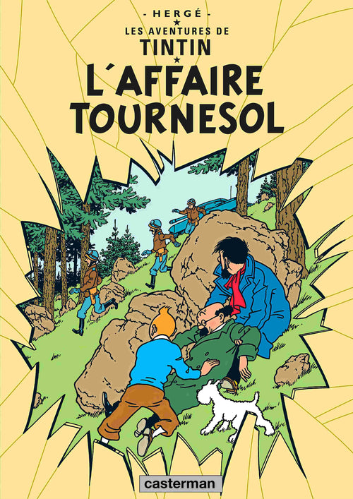 Blue Dog Posters’ “Aventures de Tintin Laffaire Tournesol” features Tintin, Haddock, and Snowy helping Professor Calculus in a forest as two armed men and a dog approach. Printed on premium 250gsm satin paper.
