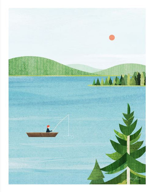 Lake Fishing by Henry Rivers (GAL210D) depicts a person fishing from a small boat on a tranquil blue lake, encircled by green hills and trees, with a red sun overhead and a prominent pine tree in the right foreground.