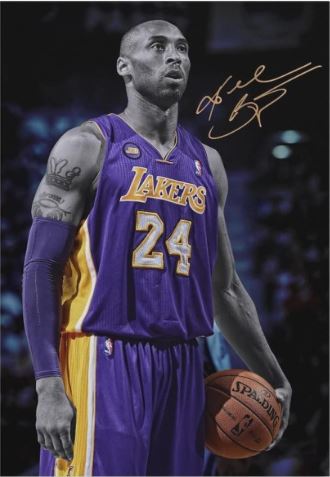 Coby Bryant, in a purple and gold SPO 043 Lakers jersey (#24), holds a basketball on court. The background is black and white with his autograph at the top right.