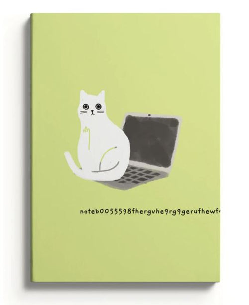 The A5 Soft Cover Notebook-Laptop from Blue Dog Posters features a sustainably sourced cover with a white cat illustration on an open laptop, set against a light green background, accompanied by whimsical text to inspire happiness.