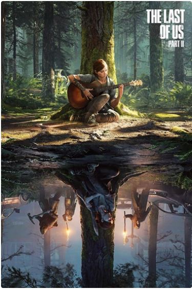 A girl plays guitar by a tree in a dense forest, her reflection below showing armed figures with torches. "The Last of Us S2 Part II" by GAM 045 is written in the top right.