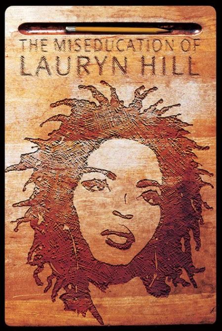 MUS 103's "Lauryn Hill - The Miseducation" wooden cover art features an engraved Lauryn Hill portrait with textured details and the album title above—an ideal addition to any music collection.