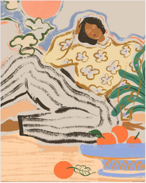 The Arty Guava (Lazy Days) by GAL244 shows a person lounging with a hand on their head, wearing a floral top and striped pants. Printed on matte art paper, it's surrounded by plants, clouds, and a bowl of oranges, embodying a relaxed and whimsical Decor Series atmosphere.