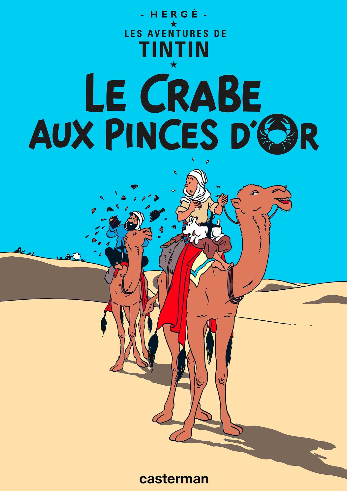 This A3 satin poster from Blue Dog Posters features the cover of "Aventures de Tintin Le Crabe aux Princes Dor," showing Tintin and Captain Haddock on camels in the desert, capturing an iconic comic scene.