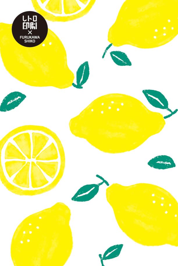 The Lemons Riso Postcard by Blue Dog Posters features vibrant yellow lemons and slices on a white backdrop with green leaves, plus a stylized black circle in the top left corner with white text.