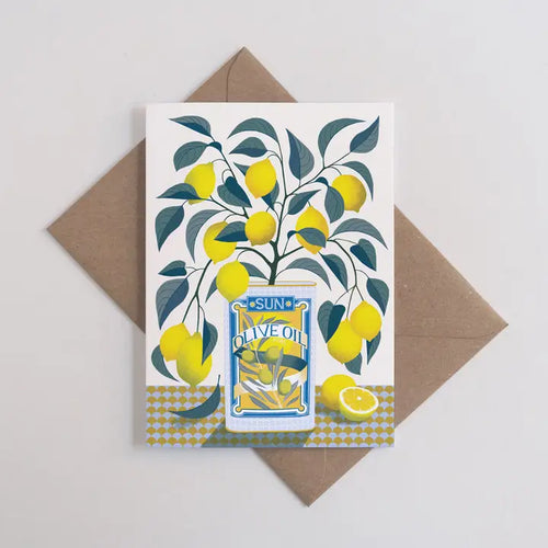 The Lemon Tree Greeting Card by Printer Johnson (Blue Dog Posters) features a vibrant lemon tree in a "Sun Olive Oil" tin, with lemons and leaves, paired with a recycled envelope on a white background.