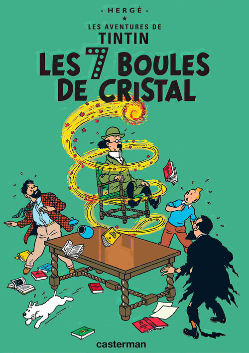 A man levitates in a yellow vortex above a table as Tintin, Snowy, and others react in shock. Books swirl around. Aventures de Tintin Les 7 Boules de Cristal by Blue Dog Posters—A3 poster on 250gsm satin paper.