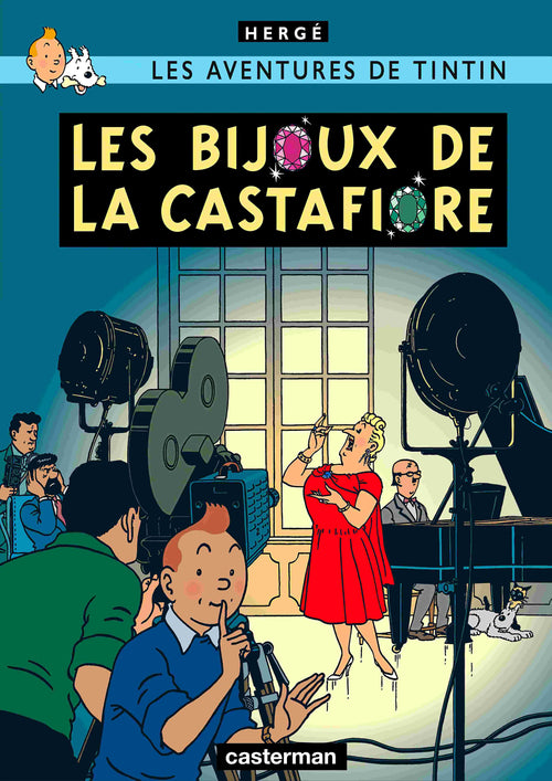 The Aventures de Tintin Les Bijoux de la Castafiore poster by Blue Dog Posters features Tintin, Captain Haddock, and others filming Castafiore at a grand piano—printed on high quality satin paper in A3 size.
