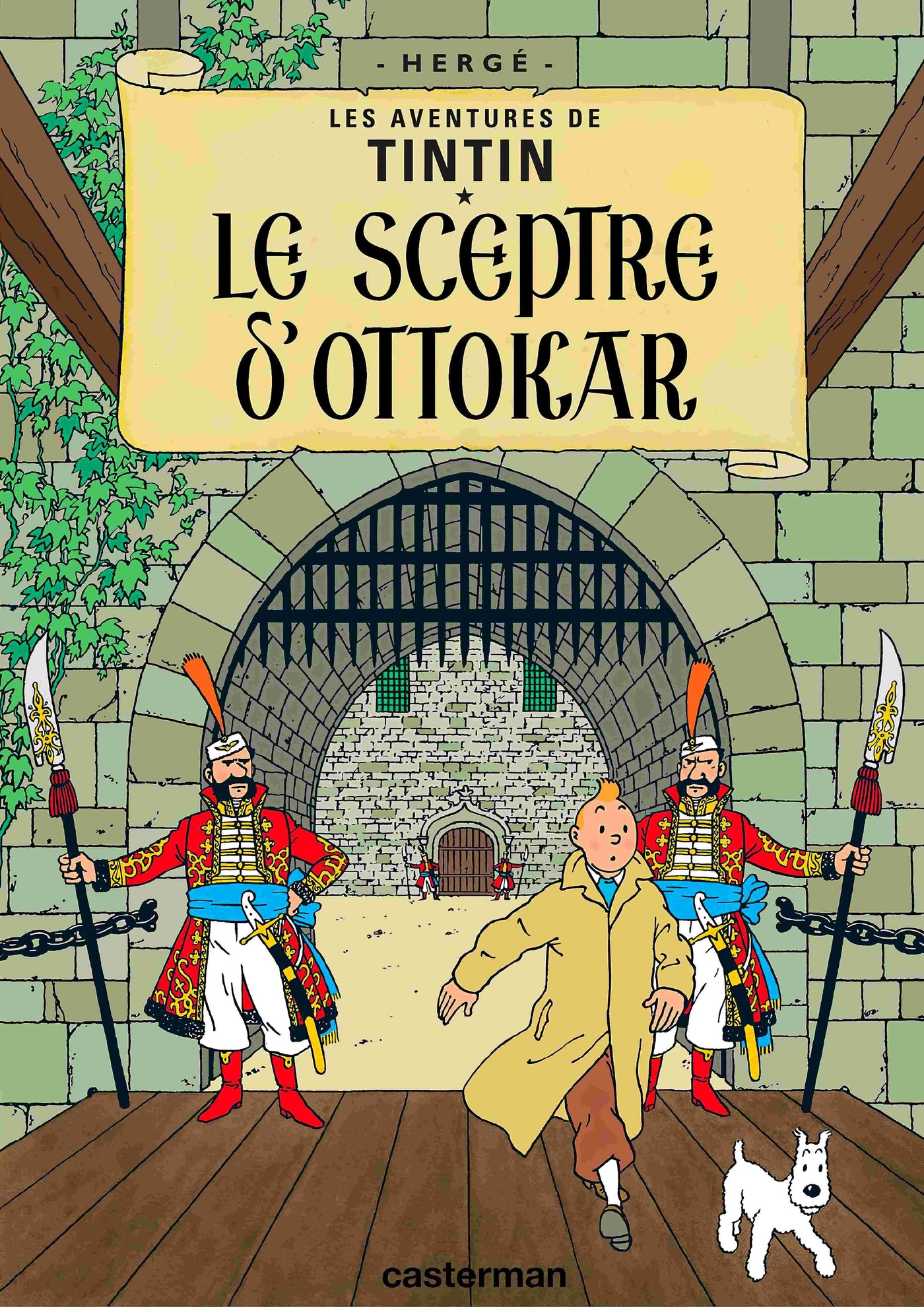 Tintin and Snowy walk through a castle gate guarded by soldiers in this "Aventures de Tintin Le Sceptre Dottokar" A3 poster by Blue Dog Posters, printed on high quality Satin Paper. "Le Sceptre d'Ottokar" is displayed above them.