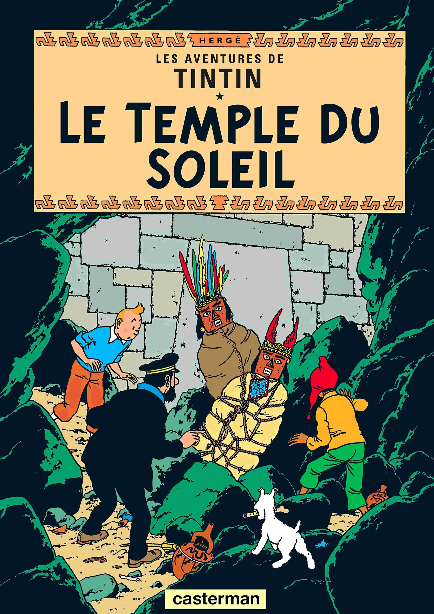 A3 poster of "Aventures de Tintin Le Temple du Soleil" by Blue Dog Posters, featuring Tintin, Captain Haddock, and friends startled by two men in feathered headdresses, printed on high-quality satin paper.