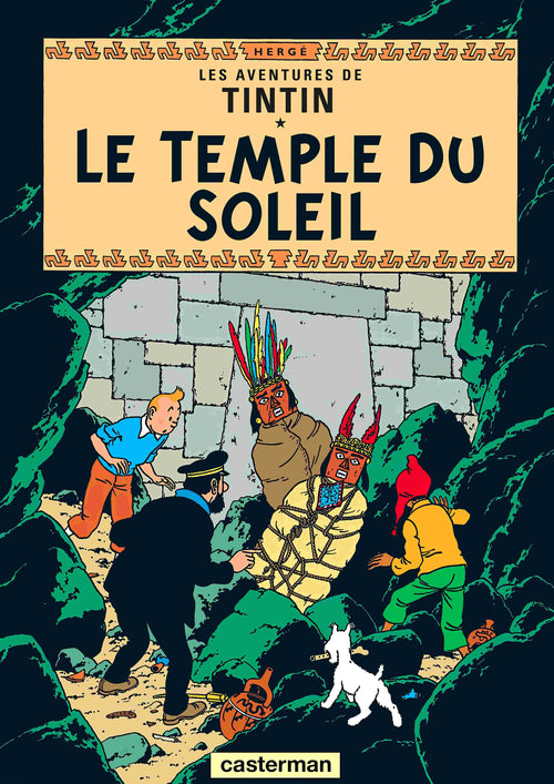 A3 poster of "Aventures de Tintin Le Temple du Soleil" by Blue Dog Posters, featuring Tintin, Captain Haddock, and friends startled by two men in feathered headdresses, printed on high-quality satin paper.