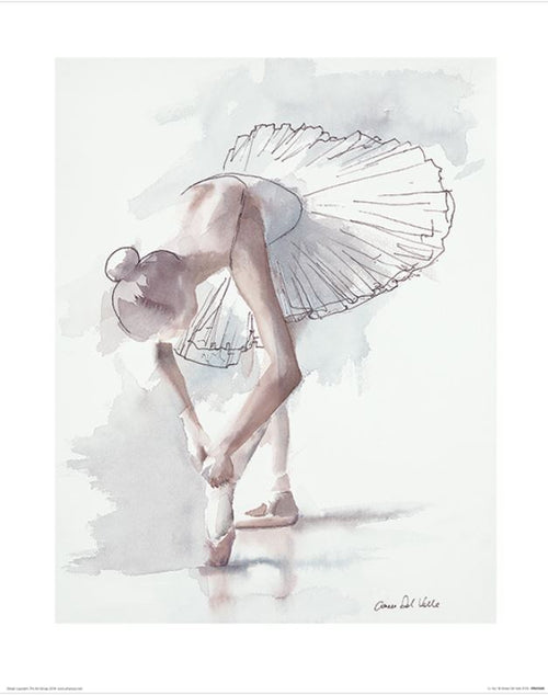 Part of GAL206's Small Decor Series Art Prints, "Aimee Del Valle (Le Trac)" is a watercolor depicting a ballerina adjusting her pointe shoe, set against a softly blended light background emphasizing her elegant pose.
