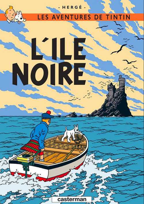 Blue Dog Posters presents this A3 poster of "Aventures de Tintin Lil Noir," showing Tintin and Snowy boating toward a rocky island under bold blue and yellow clouds, printed on premium satin paper.