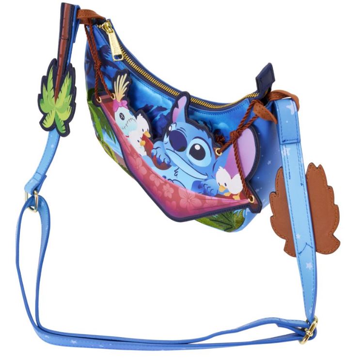 The Lilo & Stitch Camping Cuties Crossbody Bag by Blue Dog Posters is a blue crossbody bag adorned with an illustration of Stitch from the Disney movie "Lilo & Stitch" lounging in a hammock amidst colorful birds. It features brown accents and a shoulder strap with a leafy design.