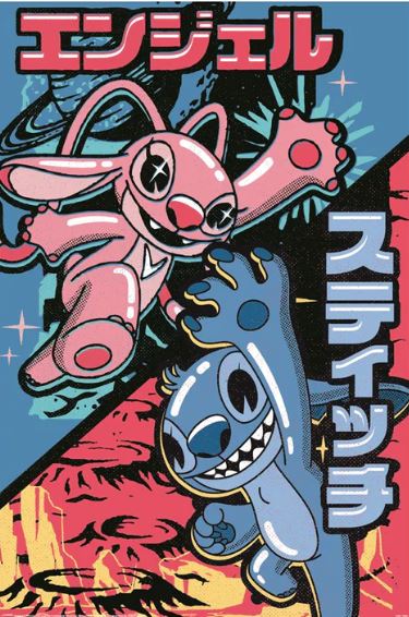 A vibrant, comic-style illustration features two anthropomorphic characters, a pink one on the left named "Angel" and a blue one on the right named "Stitch," both in dynamic, action-filled poses. Japanese text accompanies each character. Perfect for any Kids Movie Poster collection, the Stitch Japanese Combo from KID 036 is a must-have.