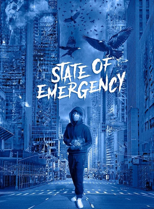 The MUS 100 Lil TJay - State of Emergency poster features a masked figure in a hooded sweatshirt walking alone on an empty city street, with large crows above and bold “STATE OF EMERGENCY” text, all accented by a blue tint on premium gloss paper.