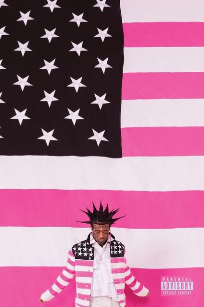 A person wearing a Lil Uzi Vert jacket by MUS 089, featuring American flag patterns, stands in front of a large backdrop of an American flag altered to black and pink stripes and stars, resembling a Rap Artist poster. The individual has spiky hair, and a small "Parental Advisory Explicit Content" label is visible in the bottom right.