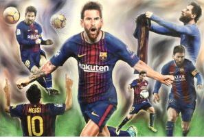 The Lionel Messi Collage by SPO 034 displays action shots of Messi in a Barcelona jersey, including dribbling and celebrating with "Messi 10" visible—a standout football poster for fans and collectors.