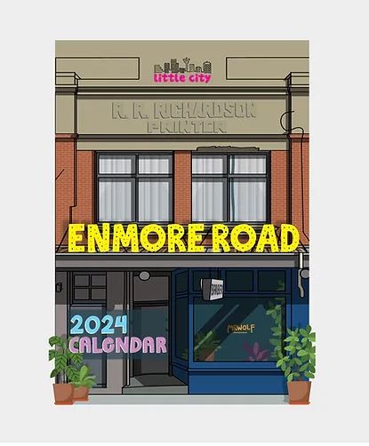 Illustration of a building with a brick facade on Enmore Road, showcasing a marquee sign that says "ENMORE ROAD" alongside another sign that reads "R.R. Richardson Printer." Below, in colorful letters, it states "Little City Calendar 2025." Flanked by potted plants at the entrance, this creates a vibrant snapshot of Sydney. Brought to you by Blue Dog Posters.