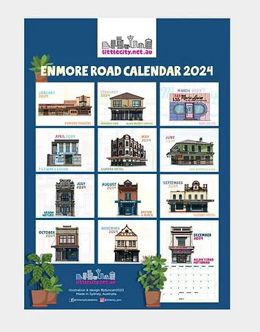 The "Little City Calendar 2025" by Blue Dog Posters is a beautifully illustrated calendar that highlights Sydney's charm with vibrant building designs each month. Enmore Road comes to life at the bottom with plants and logos, making it a perfect blend of art and architecture.