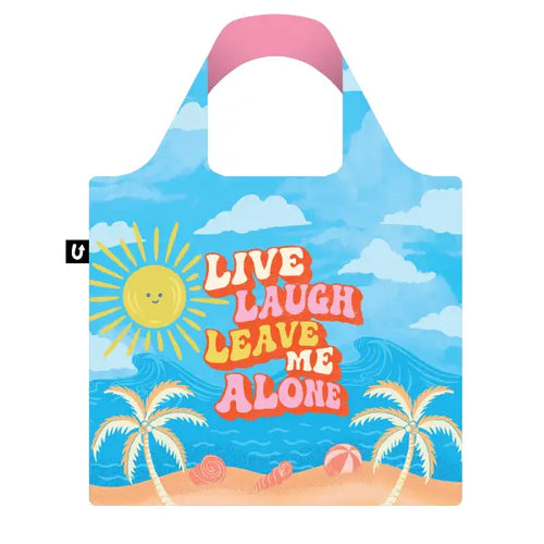 The Live Laugh Leave Foldable Tote Bag by Blue Dog Posters features a vibrant beach scene with palm trees, seashells, a smiling sun, and bold "LIVE LAUGH LEAVE ME ALONE" text—a fun, sustainable shopping essential.