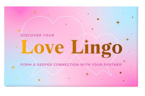 A pink and blue gradient with overlapping white hearts and scattered gold stars reads: "Discover Your Love Lingo." Connect deeply with your partner. From Blue Dog Posters' Discover Your Love Lingo Cards.