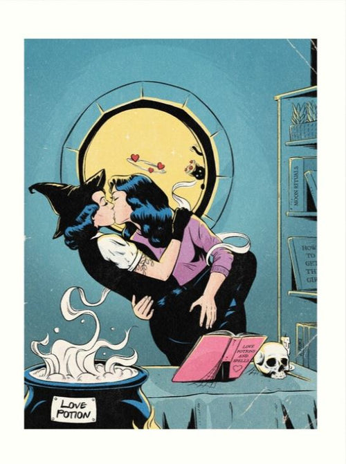 In the "Love Potion by Jenifer Prince" art print from GAL47's Gallery Series, a retro illustration shows a witch kissing someone before a full moon window, with a bubbling cauldron labeled "Love Potion" nearby and surrounded by mystical items like a book, skull, and heart-shaped objects.