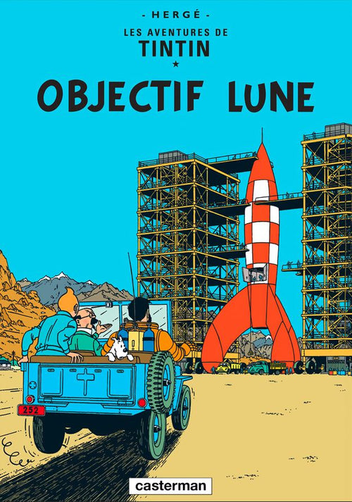 Blue Dog Posters’ Aventures de Tintin Objectif Lune: Tintin, Snowy, and Captain Haddock approach a checkered rocket in a blue jeep. Vibrant A3 poster printed on 250gsm satin paper.