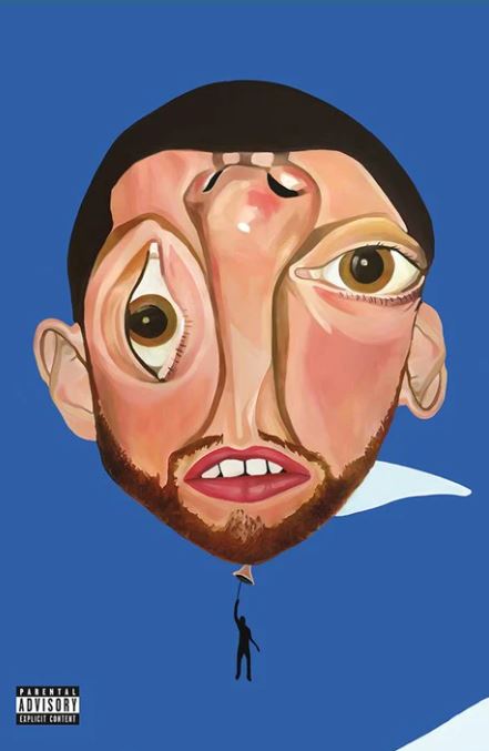 A surreal "Mac Miller - Balloonerism" poster by MUS 137 features a distorted balloon-shaped male face against a blue sky, with a tiny silhouetted figure hanging from the string and an explicit content advisory label. Large Regular Poster size.