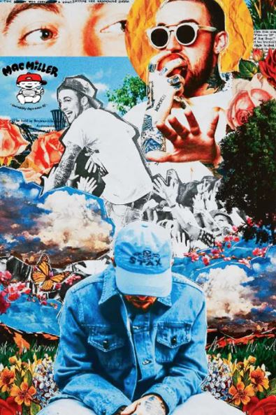 The Mac Miller - Collage by MUS 333 is a vibrant Hip Hop poster featuring Mac Miller in various moments—performing, in a blue jacket and cap, drinking from a can—set among flowers, clouds, crowds, and bold backgrounds.