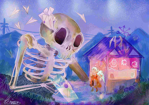 The "Mail Call" art print by fap, part of MadDog Ink's collection, is a whimsical digital illustration featuring a giant skeleton surrounded by paper airplanes in the sky. The scene includes a small neon-lit house and a winged character standing nearby, all set in a dreamy, ethereal atmosphere.