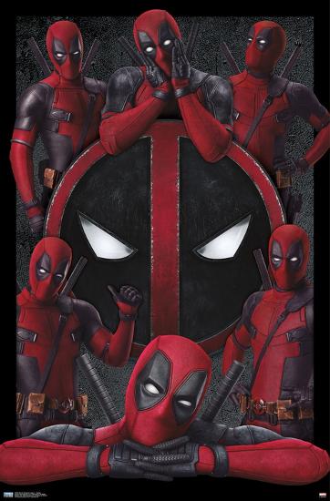 The Marvel Deadpool Legacy Collage by MTV 096 features six Deadpool figures striking different poses around a prominent Deadpool logo. Each figure is dressed in the signature red and black costume with white eye patches and equipped with various weapons, set against a textured dark gray background.