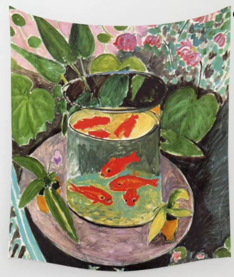 The Henri Matisse Goldfish Art Textile Small from Blue Dog Posters features a depiction of a glass bowl containing several red fish surrounded by vibrant green leaves and plants. The vivid colors blend seamlessly into the background, evoking an indoor garden setting.