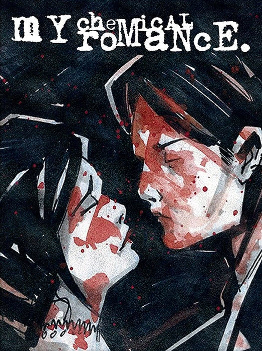 The "My Chemical Romance" mini poster by Blue Dog Posters features artwork of an illustrated couple in an almost-kissing pose, their faces close and covered in what appears to be stylized red splatters. This striking image is printed on 250gsm satin paper and measures 30x40cm. The band's name is displayed in a grunge, white font against the dark background above them.