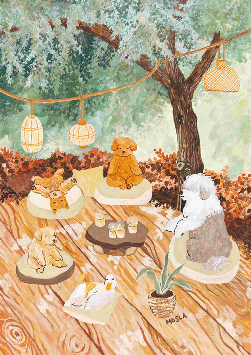 Meditation by Mosla," a whimsical art print from Blue Dog Posters, showcases dogs and a cat on cushions around an outdoor table. A dog with sheep and scarf patterns is nearest the table, while tree lanterns cast warm light. It's ideal for the Featured Artist Collection on 250gsm Satin Paper.