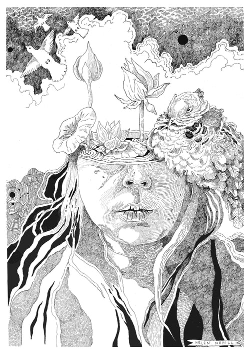 The surreal "Meditation Piece 2" by Helen Nehill Art, available from Blue Dog Posters, is a striking black-and-white art print. It features a person's face with the top of their head open, revealing water filled with floating lotus flowers. A detailed owl perches on the side of their head, while the background showcases clouds, birds, and intricate patterns. Part of our Featured Artists Collection.