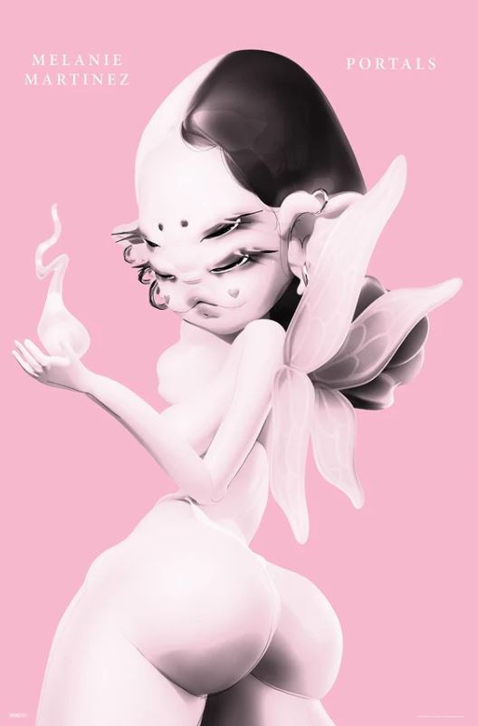 A stylized, fairy-like figure with butterfly wings and multiple eyes poses against a pink background on this MUS 098 premium gloss poster for Melanie Martinez. The figure holds a glowing swirl; text reads “Melanie Martinez” and “Portals” at the top.