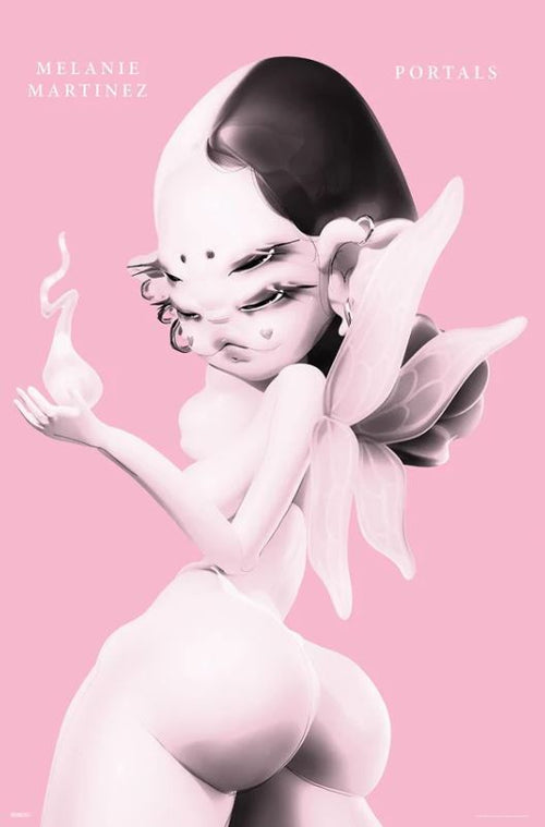 A stylized, fairy-like figure with butterfly wings and multiple eyes poses against a pink background on this MUS 098 premium gloss poster for Melanie Martinez. The figure holds a glowing swirl; text reads “Melanie Martinez” and “Portals” at the top.