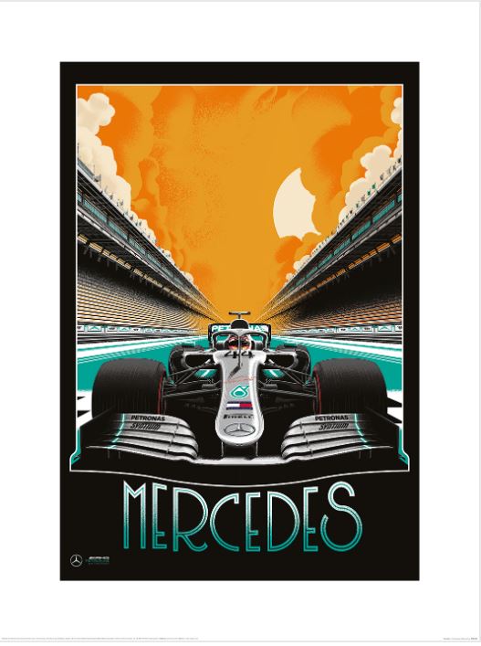 A stylized poster titled "Zoom F1 (Mercedes)" from Blue Dog Posters, showcasing a Mercedes Formula 1 race car in the center of a racetrack. The background features an orange and yellow sky with bold, dramatic clouds, and "MERCEDES" is prominently written at the bottom in large teal letters. This piece is part of the Decor Series Collection and is printed on premium quality matte art paper.