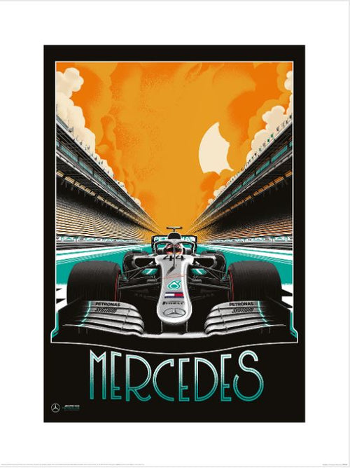 A stylized poster titled "Zoom F1 (Mercedes)" from Blue Dog Posters, showcasing a Mercedes Formula 1 race car in the center of a racetrack. The background features an orange and yellow sky with bold, dramatic clouds, and "MERCEDES" is prominently written at the bottom in large teal letters. This piece is part of the Decor Series Collection and is printed on premium quality matte art paper.
