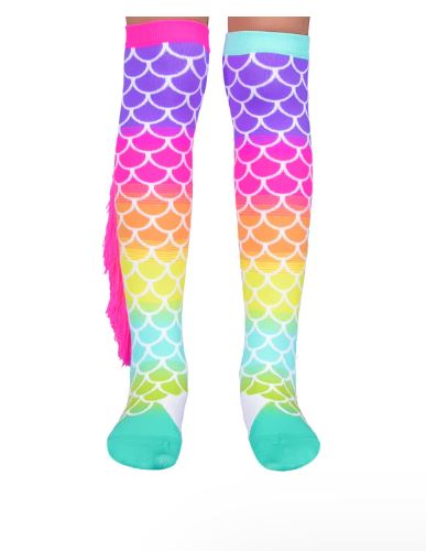 The Madmia Mermaid Socks from Blue Dog Posters are knee-high delights with a vibrant gradient pattern mimicking mermaid scales in shades of pink, purple, blue, yellow, and green. They sport aqua blue toes and heels, and one sock is adorned with a fringed pink side. These versatile multi-size socks are elegantly displayed on a white backdrop.