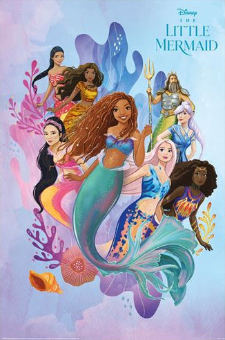 Illustration of various mermaids and mermen set against an underwater-themed background. Central is a mermaid with flowing curly hair and a colorful tail. Surrounding her are other diverse mermaids and mermen, all depicted in vibrant attire and poses. Text reads "Disney Princesses - The Little Mermaid" from the KID 025 Collection.