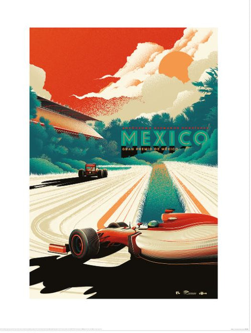 Experience the vivid artistry of Blue Dog Posters with "Zoom F1 (Mexico)," a striking illustrated poster featuring a Formula 1 race car speeding down the track, set against lush greenery and mountainous backdrop. This premium quality art print is crafted on 200gsm Matte Art Paper and evocatively captures "Mexico" and "Gran Premio de México" in a captivating vintage F1 style, part of the Decor Series Collection.