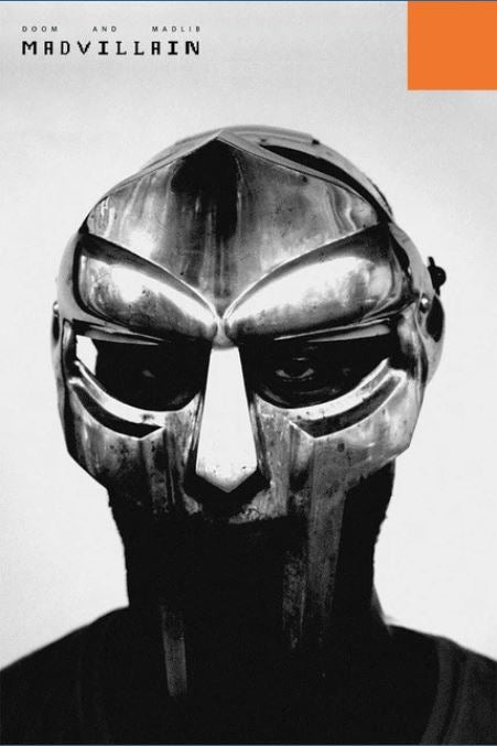 The MF Doom Madvillain Black and White poster by MUS 099 features a masked figure, "DOOM AND MADLIB MADVILLAIN" text, and an orange square—perfect for classic hip-hop fans.
